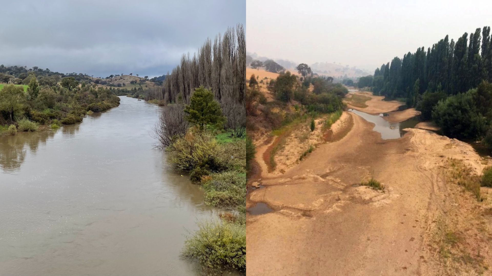 A split-screen image of the Upper Murrumbidgee river — on the left, it is healthy and full of water. On the right, it is empty and barren.