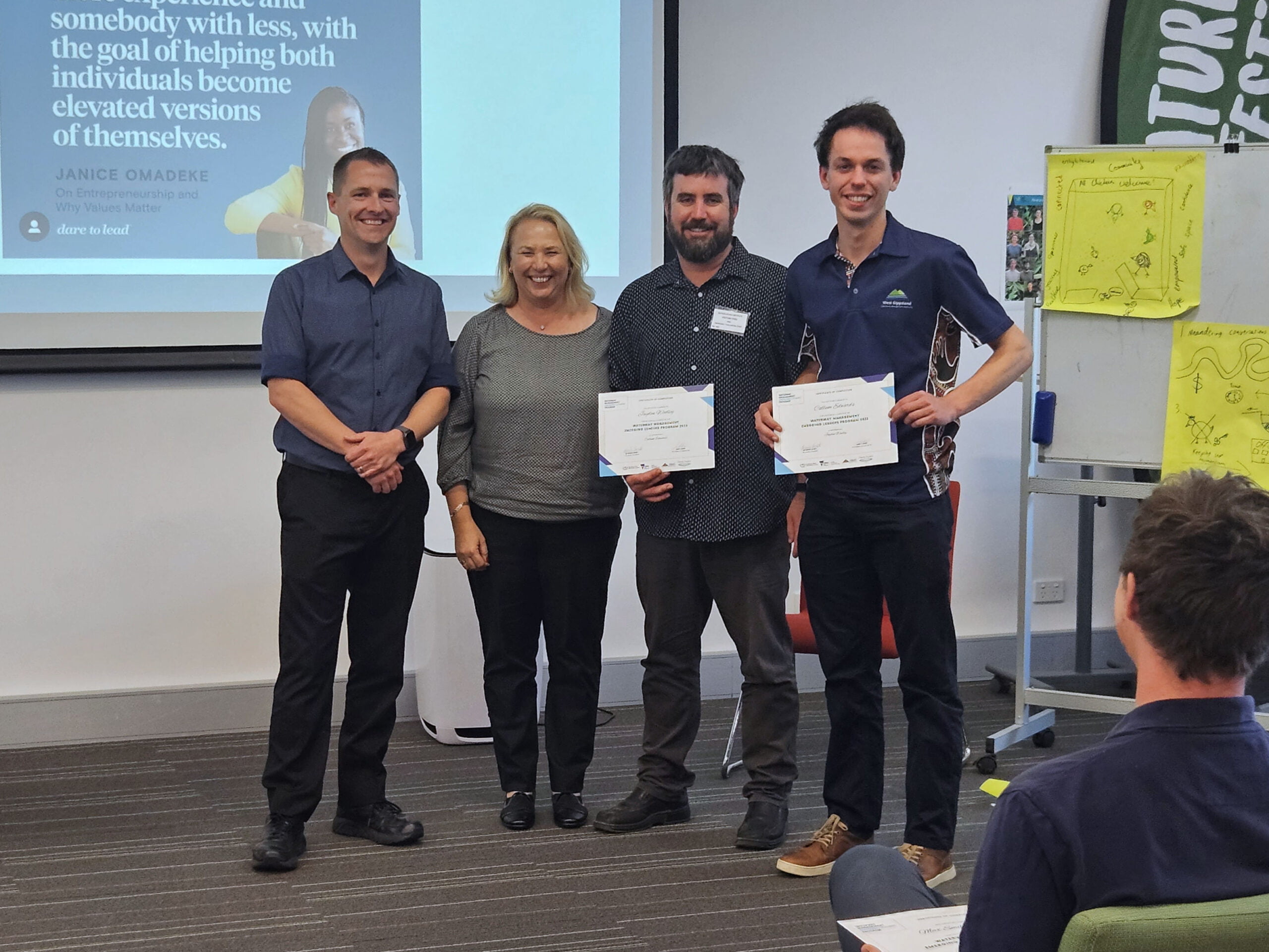 Callum and Jayden standing with their Waterway Management Emerging Leaders Program graduation certificates at the end of the 2023 program, next to Siwan Lovett and Andy Lowes.