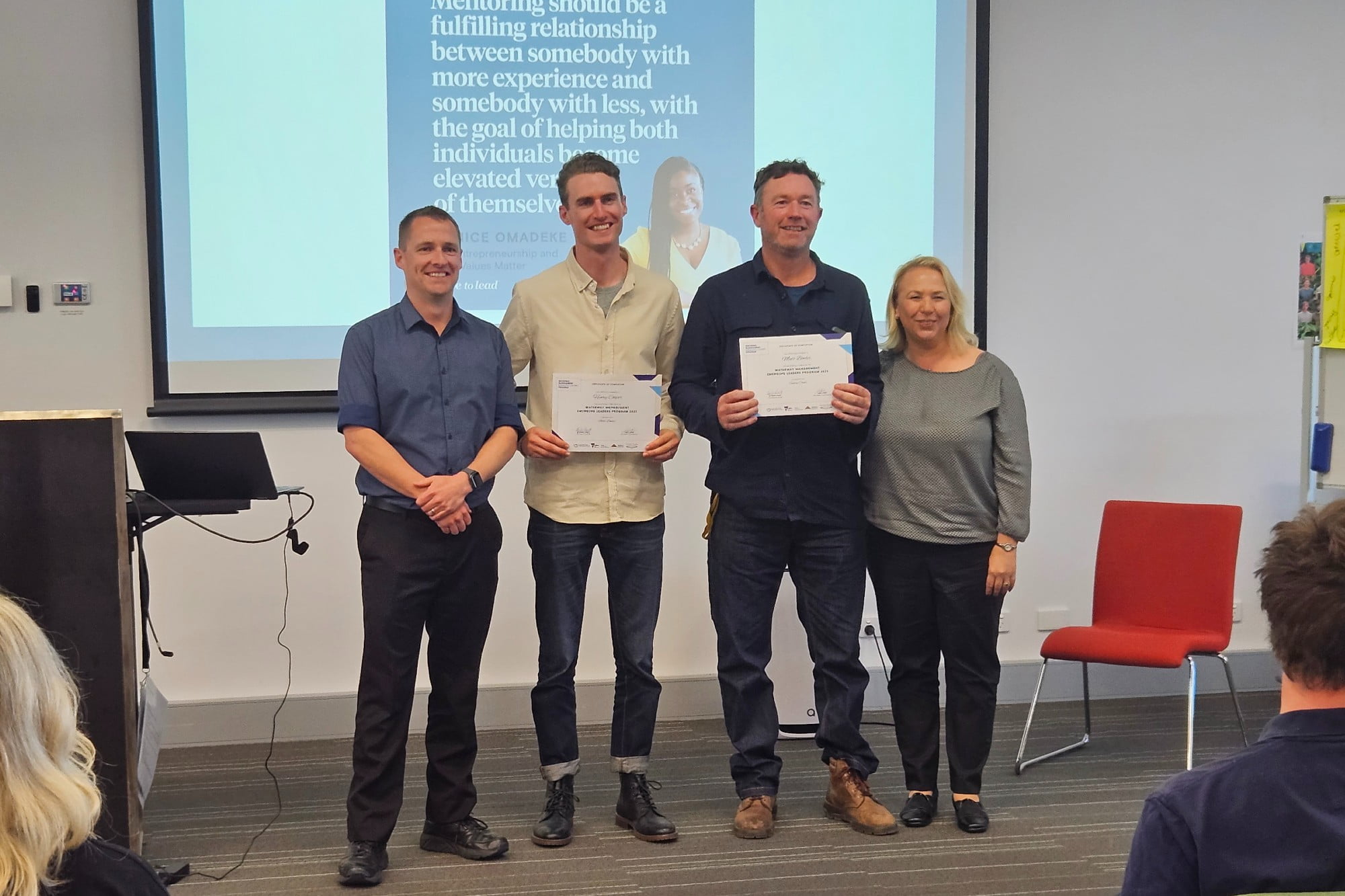 Matt and Henry graduating from the Waterway Management Emerging Leaders Program in 2023, with Andy Lowes and Siwan Lovett.