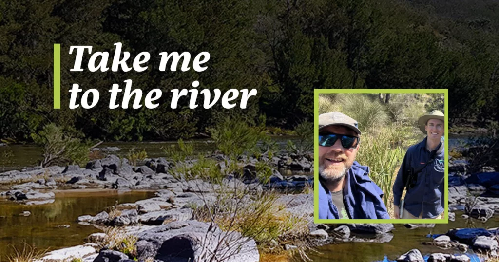 A banner image of a healthy river system in Australia with the title 'Take Me to the River' and a picture of Matt Bowler and Henry Cooper.